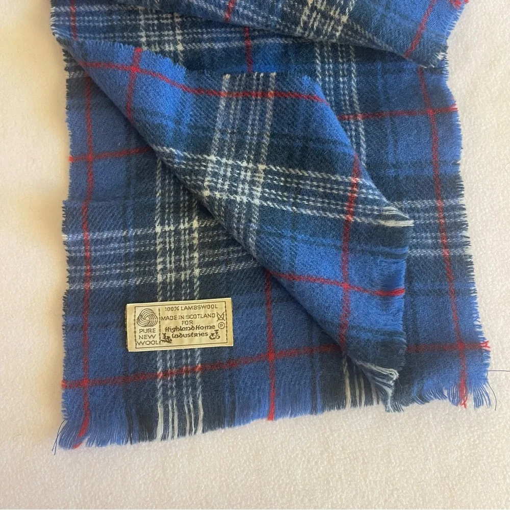 Vintage Blue Tartan 100% Lambswool Scarf Made in Scotland Heritage Wool Preppy
